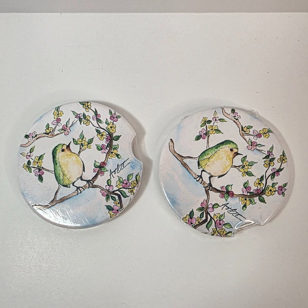 Bird Floral Car Coaster Set of 2 | Absorbent Cup Holder Coasters - Picture 2 of 6